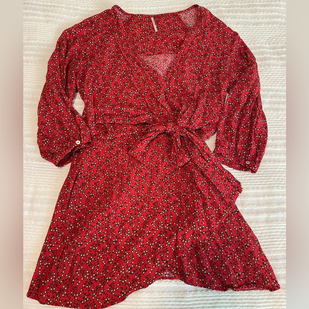 Free People Red Floral Wrap Mini Dress - Size S
